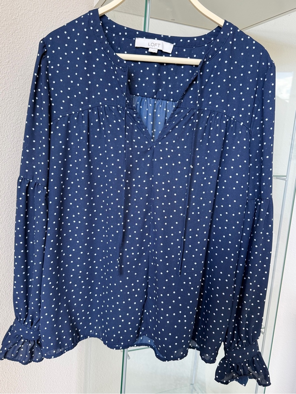 LOFT Navy and White Polka Dot V-Neck Ruffle Cuff Blouse